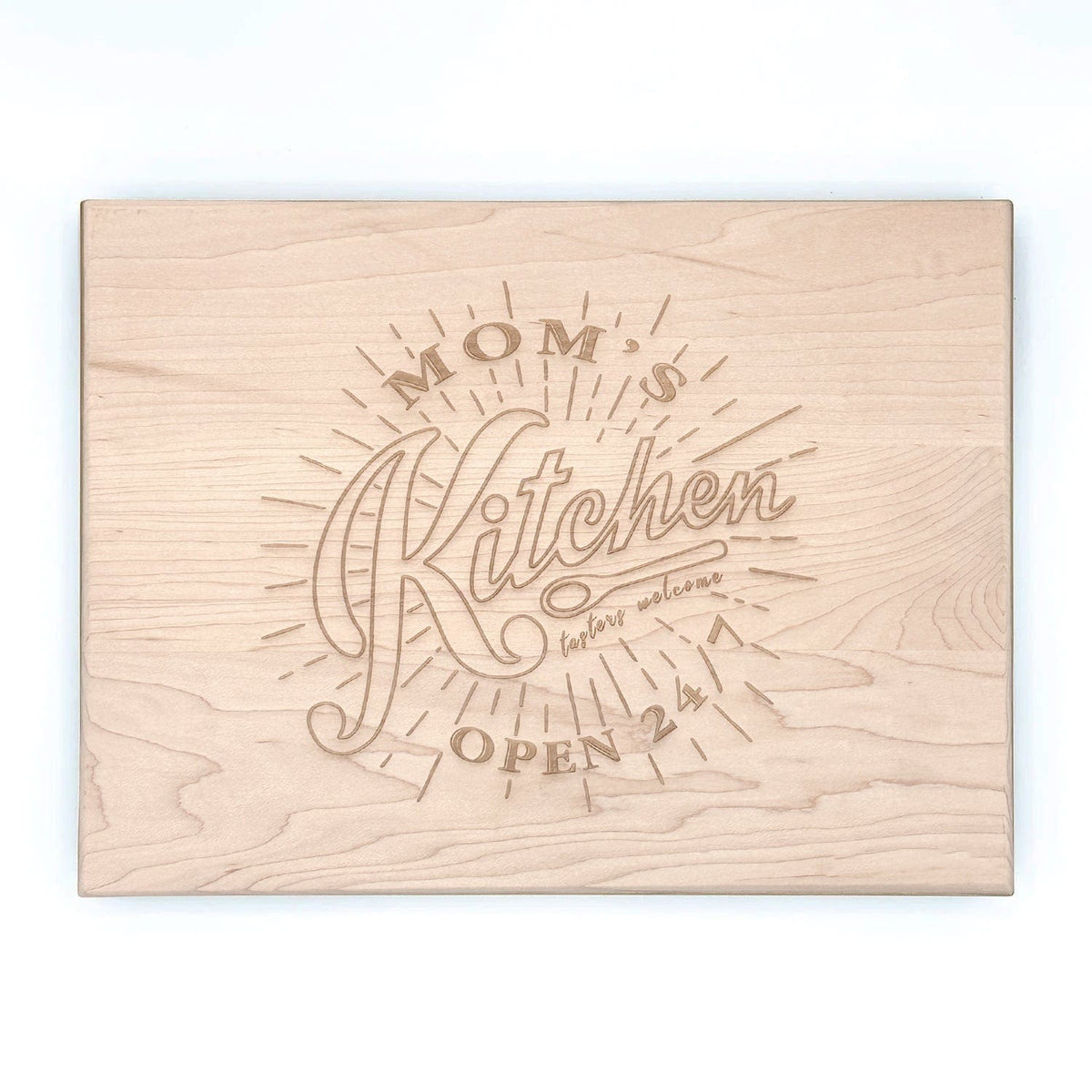 Engraved design reads &quot;Mom&#39;s Kitchen, Open 24/7, tasters welcome&quot;