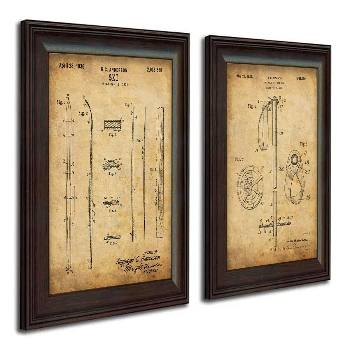 set of 2 US patent drawings ski decor - ski and pole