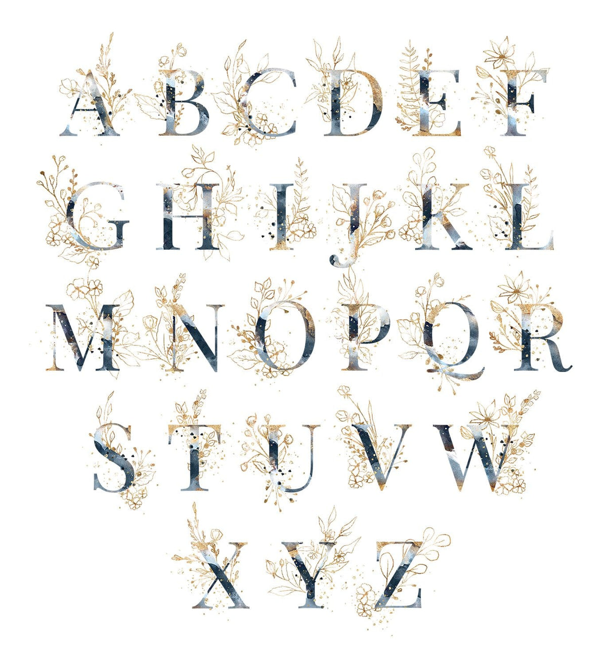 Blue &amp; Gold Floral letters alphabet