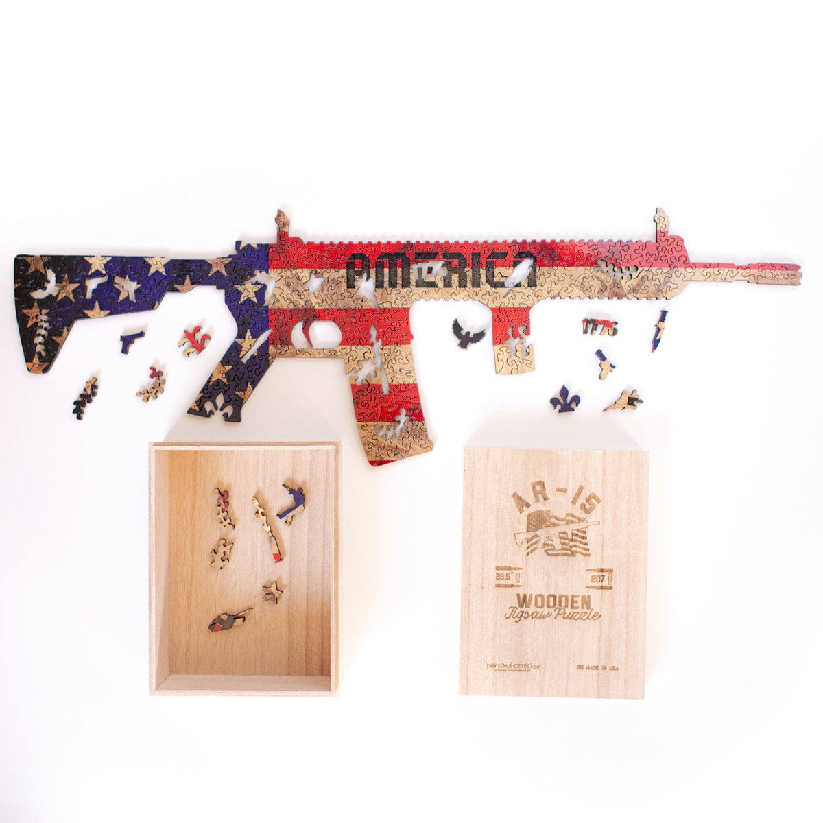 AR15 Wood jigsaw puzzle - American flag design personalized with your name