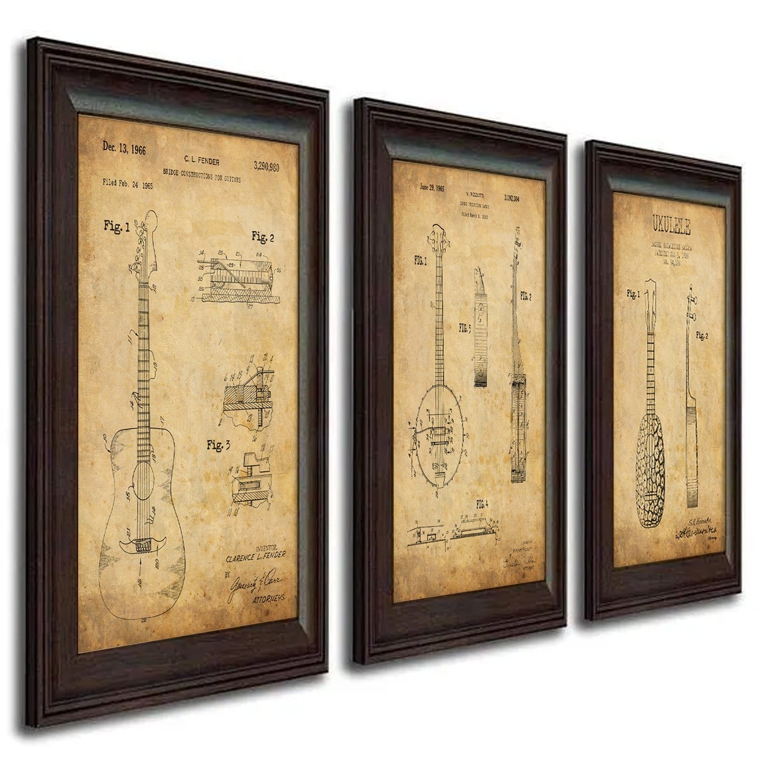 Set of 3 US Patent drawing for stringed instruments include guitar, banjo and eukeulele  