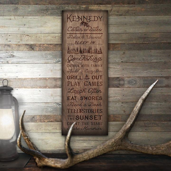 Personalized wood block art with fun cabin family &quot;rules&quot; listed and your name at the top - Lifestyle