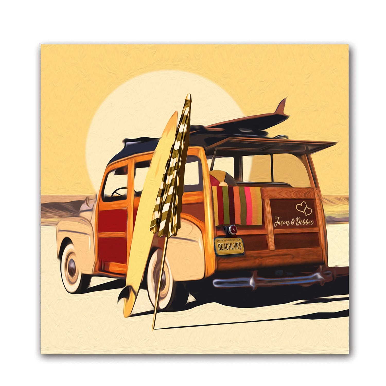 Surfer Woody Wagon Art Print with personalized names in the art