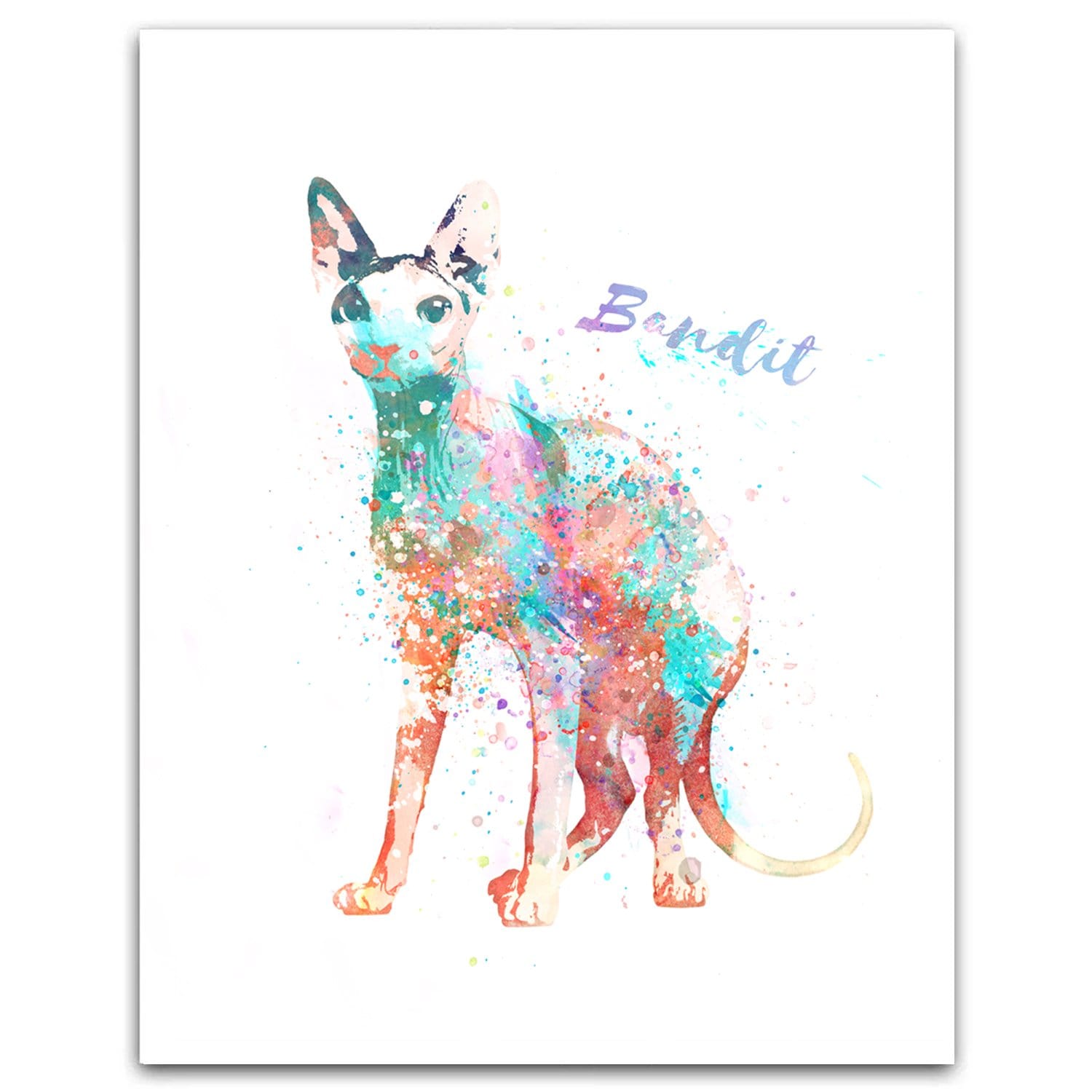 Watercolor pet portrait of a Sphynx Cat - Personalized Cat Gifts from Personal-Prints