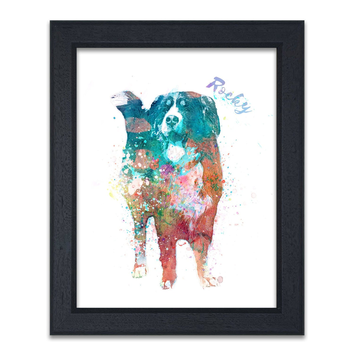 Contemporary watercolor bernese mountain dog art print framed behind glass- Personal-Prints