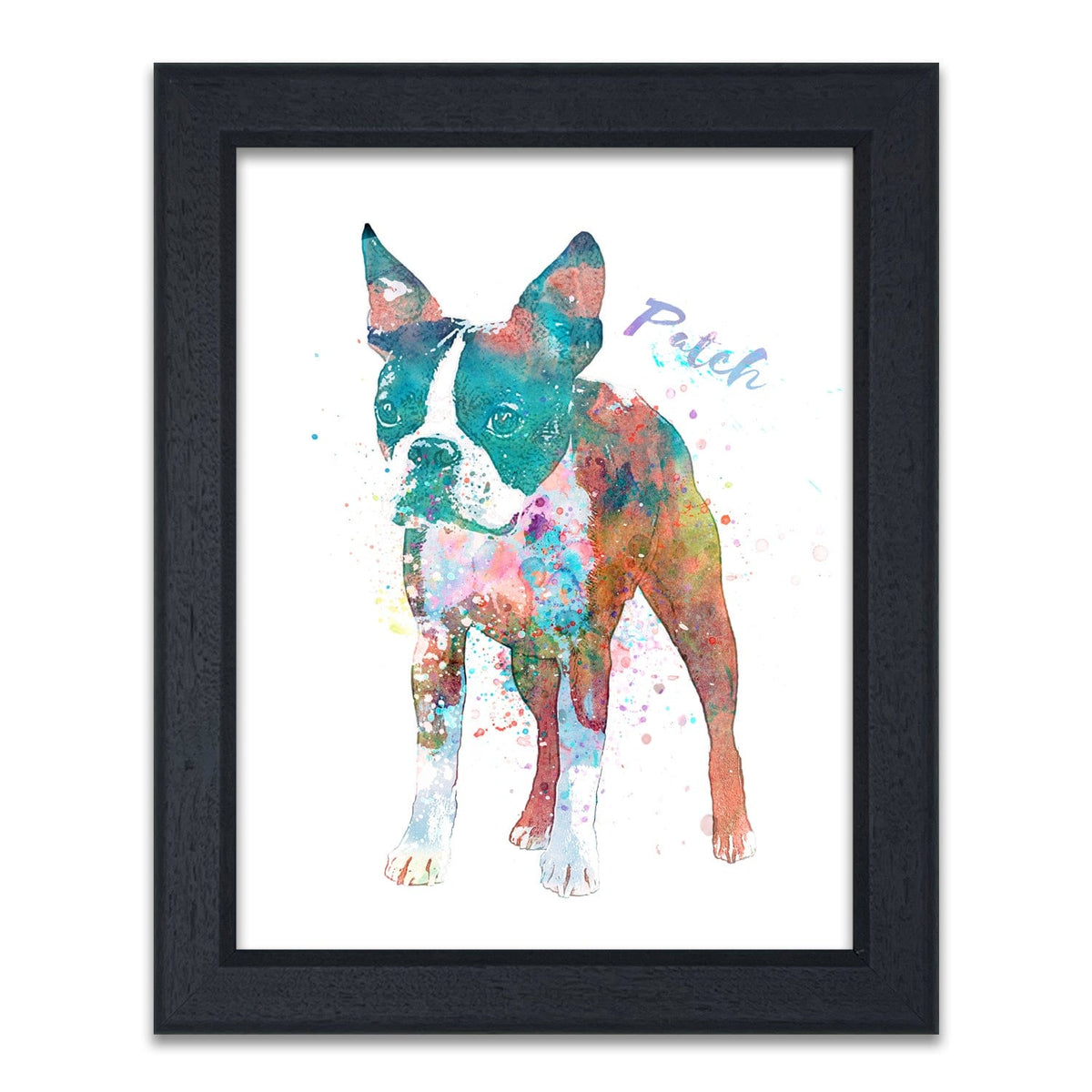 Personalized contemporary watercolor boston terrier dog art print framed behind glass- Personal-Prints