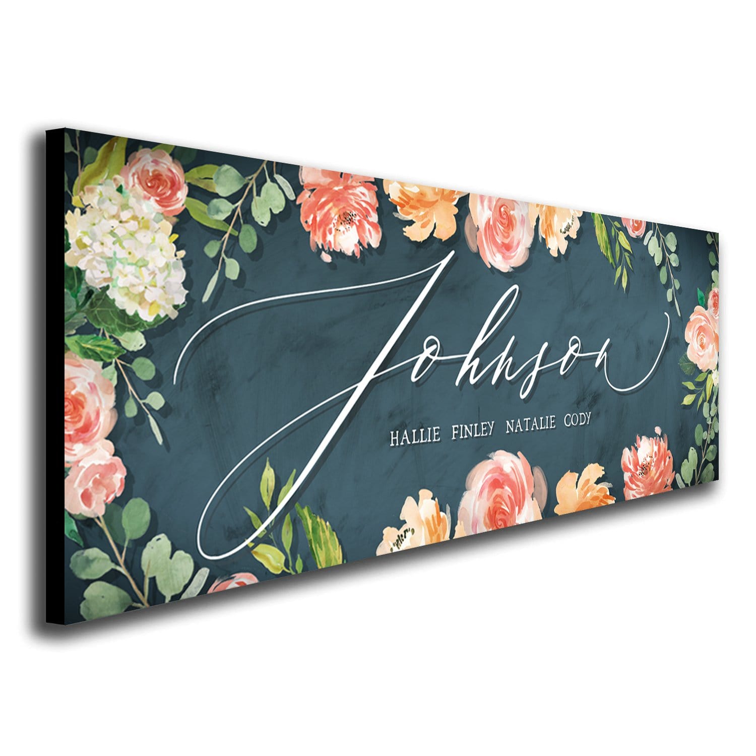 Personalized watercolor style botanical/ flower/ floral art print mounted to wood block - angled view