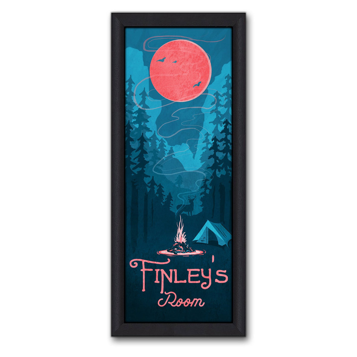 Whimsical personalized kid&#39;s camping decor with blue mountains, campfire, coral moon, and a name at the bottom - Framed Canvas