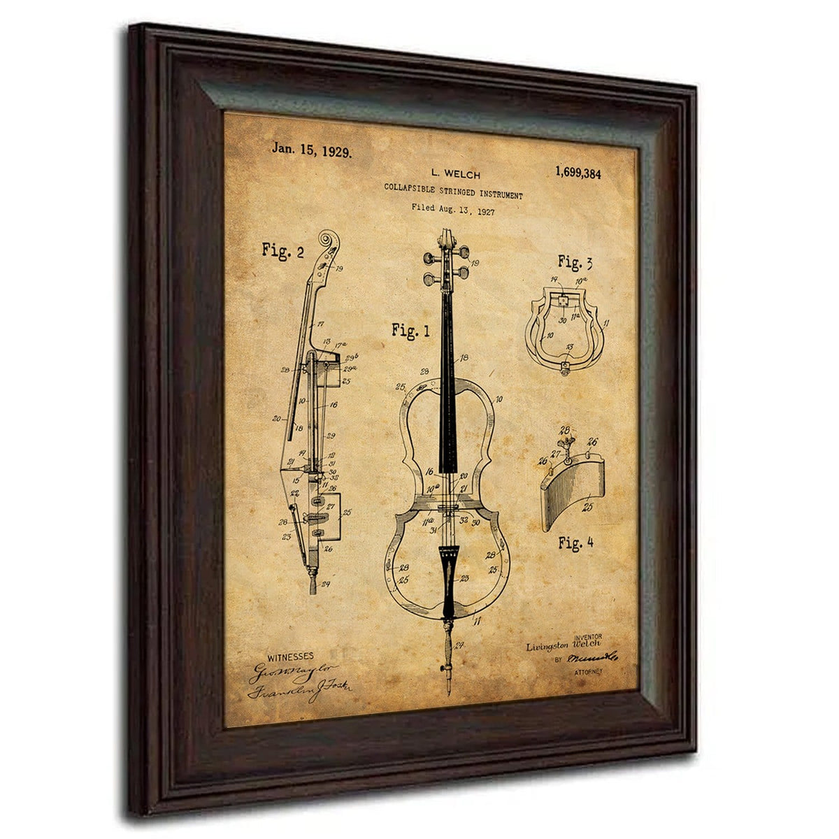US Patent drawing for 1929 Cello - Gift for Cellist