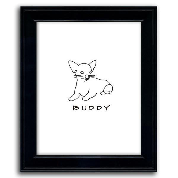 Dog line drawing of a chihuahua with the pet&#39;s name below the drawing in a black frame - Personal-Prints