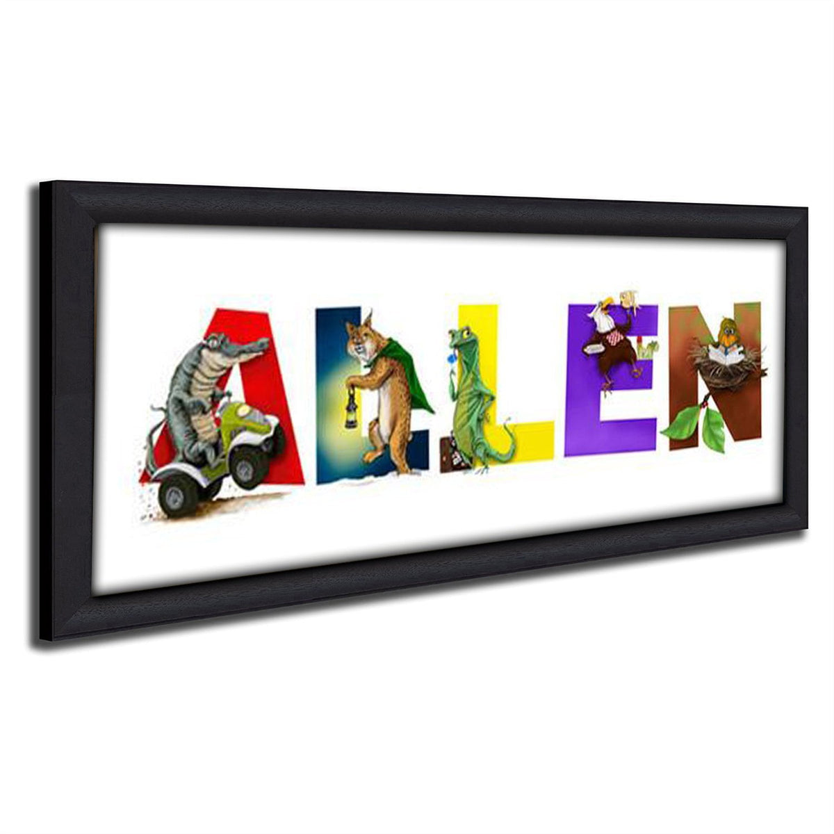 Children&#39;s Art decor using animals next to each letter of their name -Framed Canvas