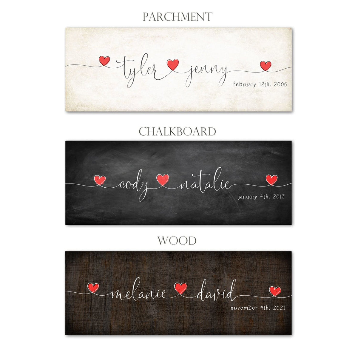 Color options for the personalized Love Intertwined romantic art decor including yours and your spouse&#39;s names and anniversary date