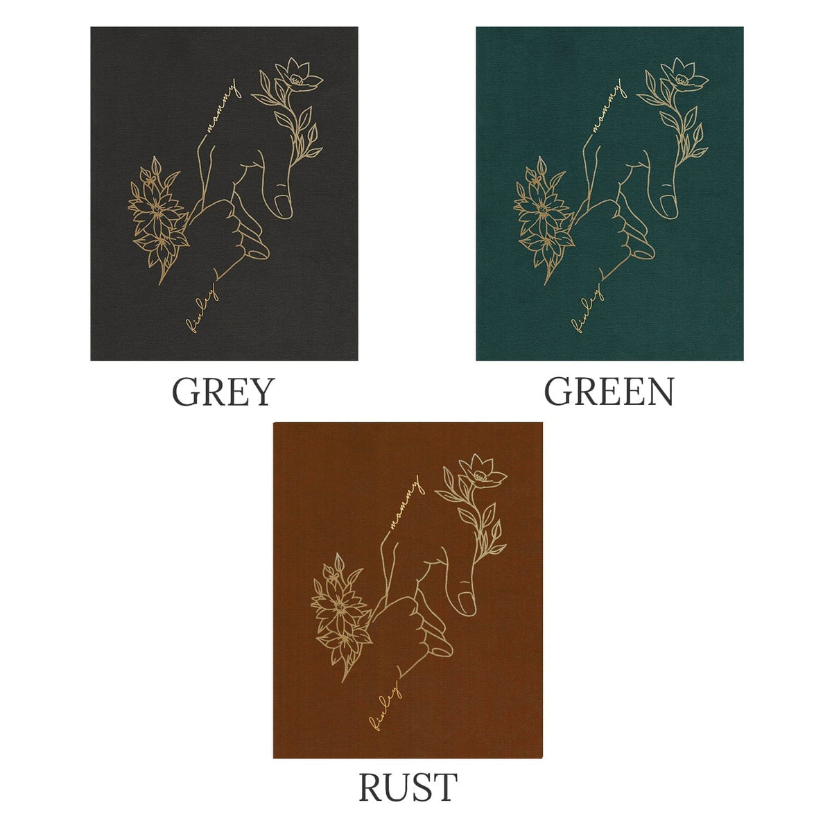 Available in a grey, green, or rust color backdrop with gold pen stroke