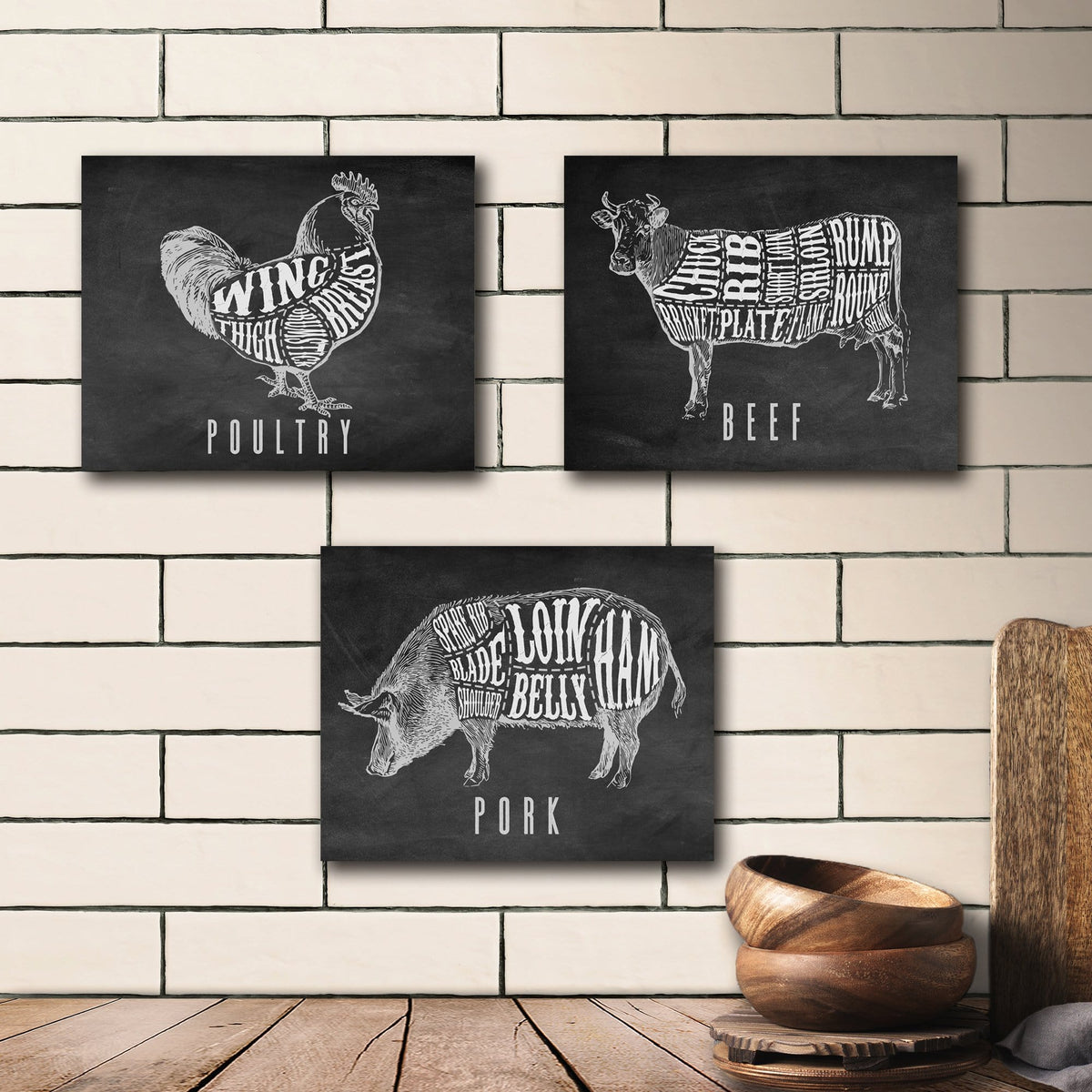 Set of three butcher cut prints include Beef, Pork and Poultry.