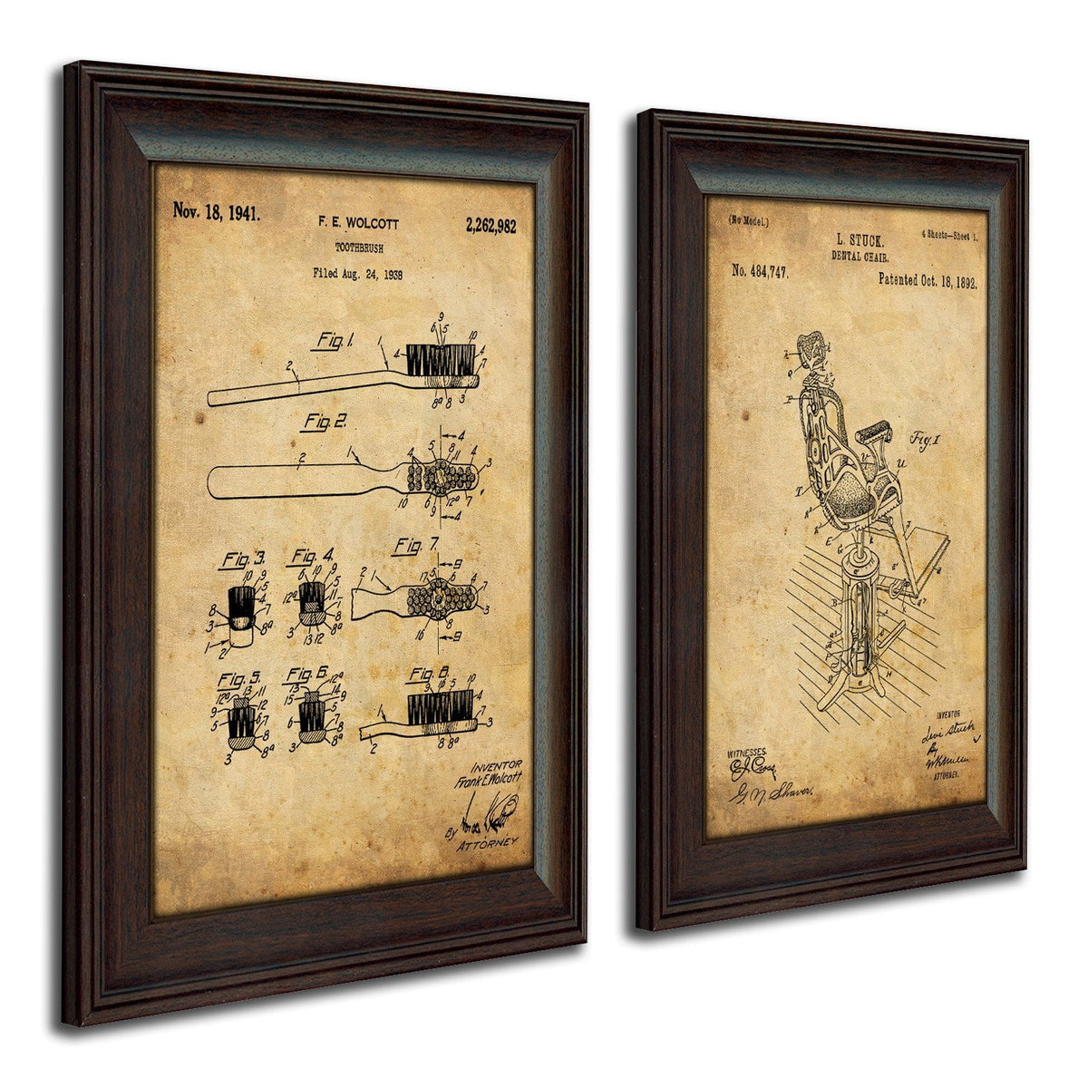 Framed patent art of the original patent for a tooth brush and dentist&#39;s chair - Personal-Prints