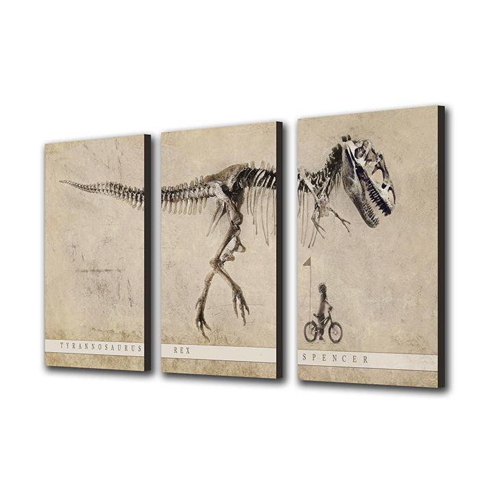 Personalized art of a Child riding bike and looking up at T-rex- triptych