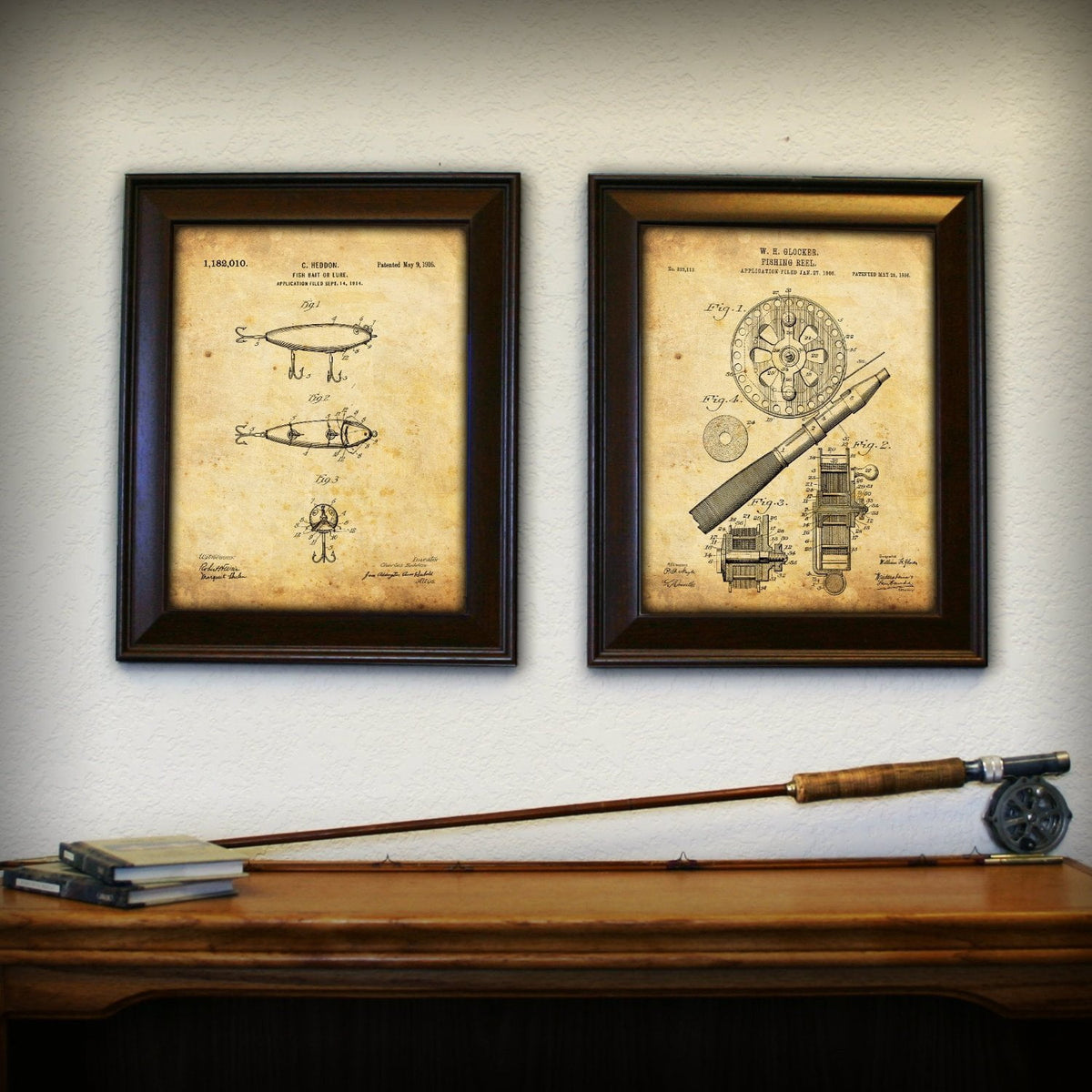 Vintage style patent art print of the original patent for a fishing reel and lure - lifestyle