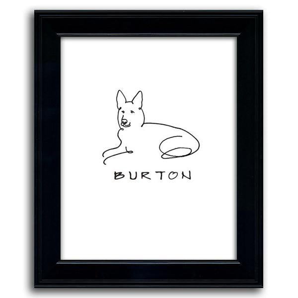 Simple line drawing art of a German Shepherd on a white background with black frame - Personal-Prints
