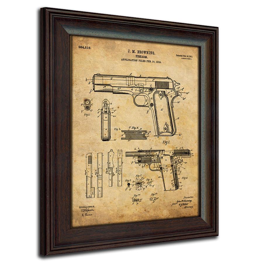 Browning 1911 US Patent art framed under glass