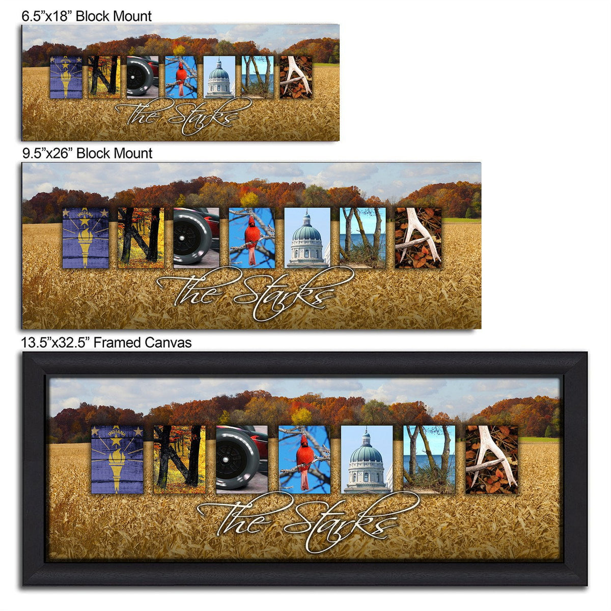 Indiana art using photographs from around the state to spell the word Indiana - Size Options