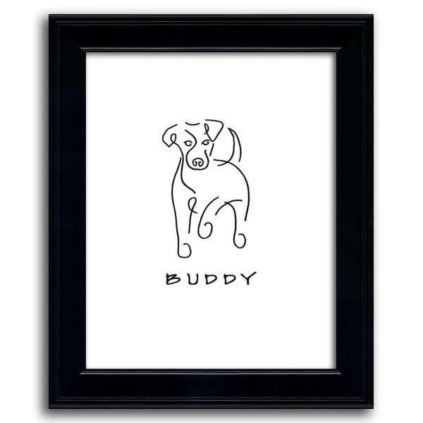 Playful Picasso- Style dog line drawing of a Jack Russell and the pet&#39;s name below- Framed Behind Glass