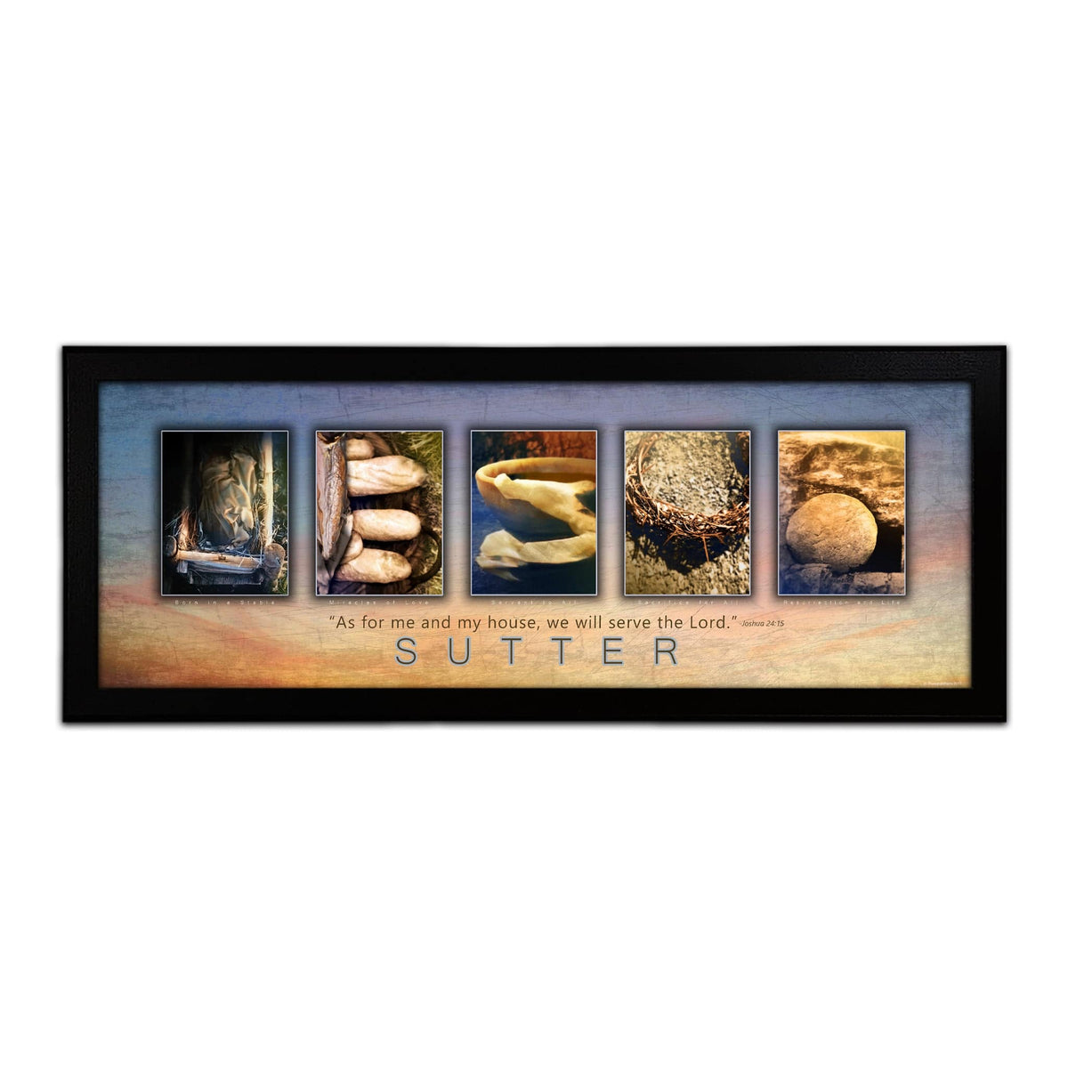 Christian print using Bible-themed photographs to spell the name Jesus- Framed Canvas