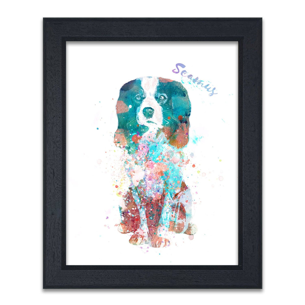 Contemporary dog painting of King Charles Spaniel and custom name of pet- value frame