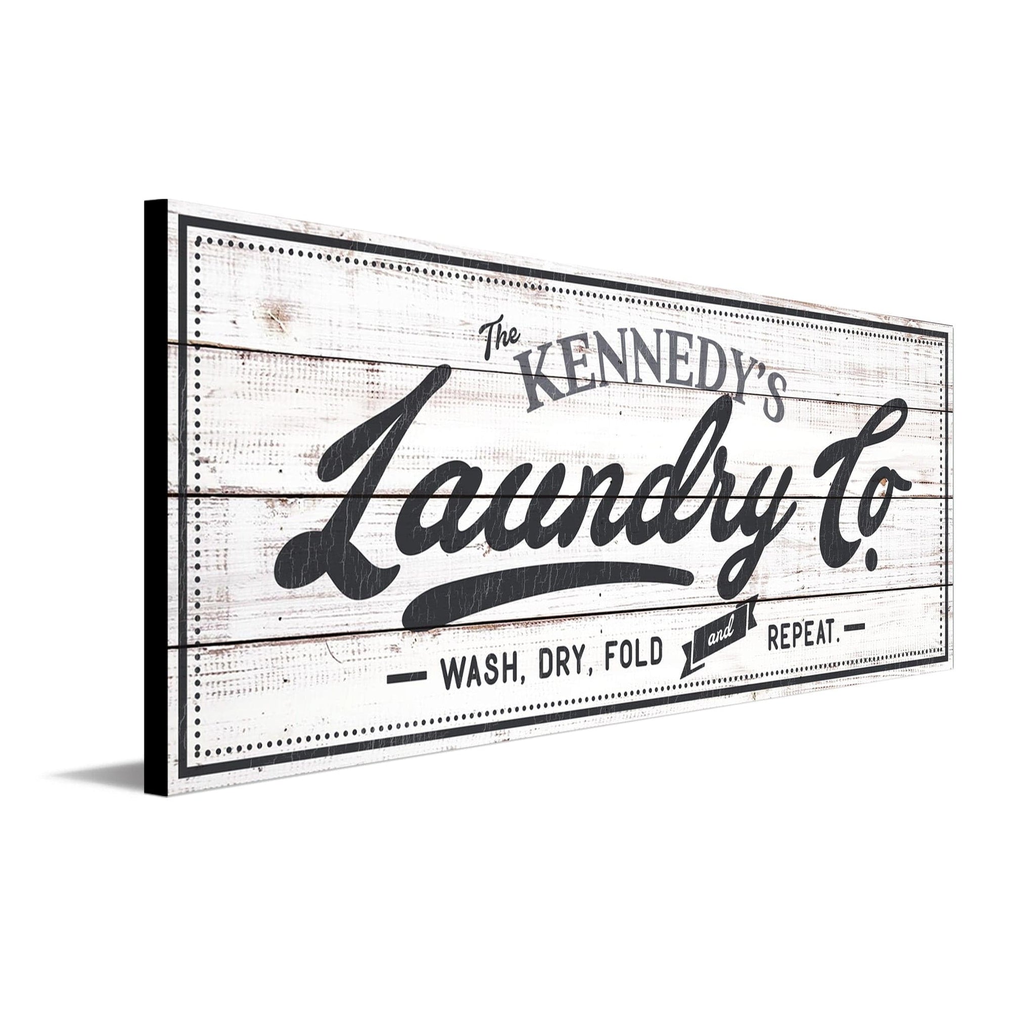 Personalized Laundry Sign decor in a farmhouse chic style- angled view 