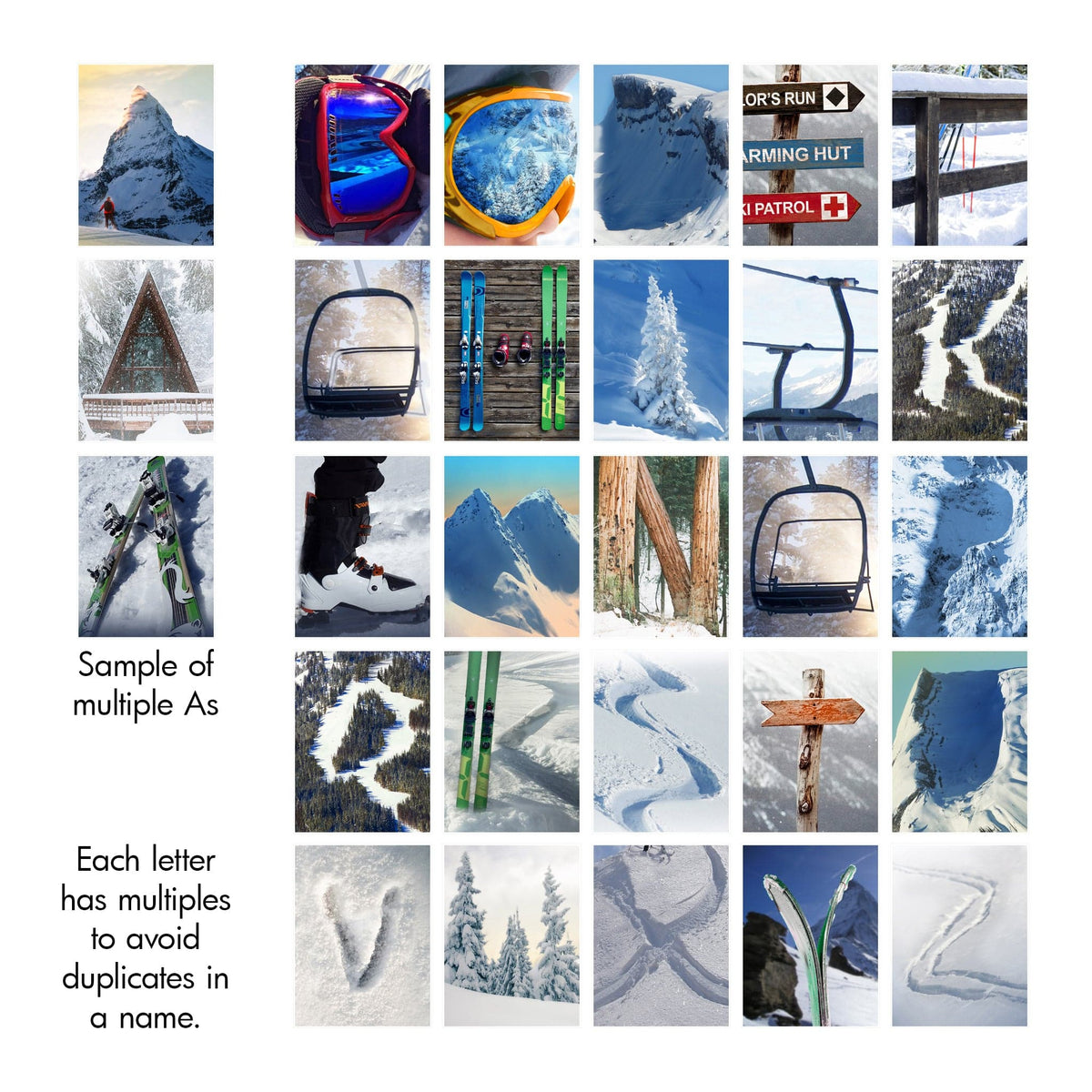 Ski photography alphabet for personalization from Personal Prints