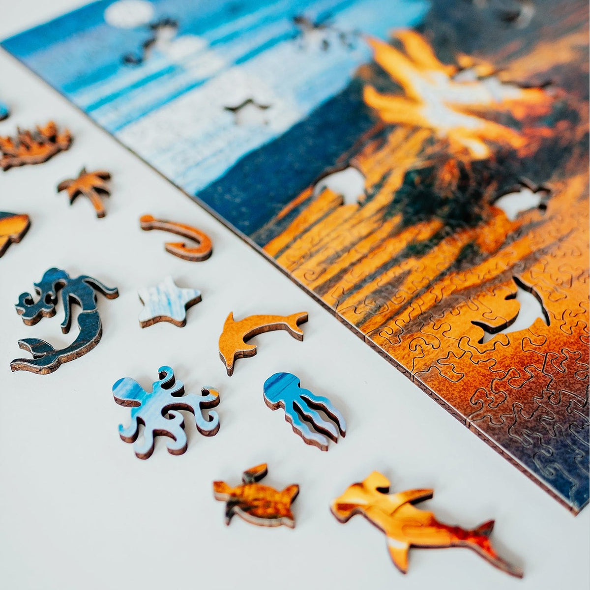 Wooden Jigsaw puzzle with whimsical ocean piece designs from Personal Prints