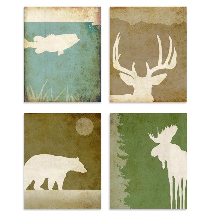 Set of 4 Wildlife silhouettes art - Bass, Deer, Bear &amp; Moose from Personal Prints