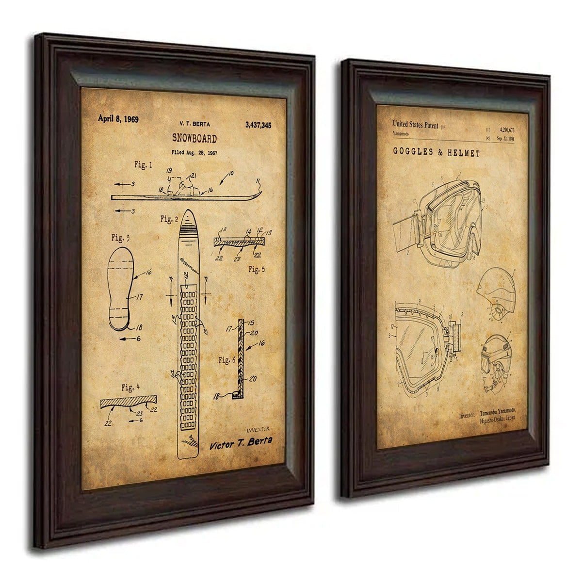 Set of 2 US patent drawing for snowboard and goggles