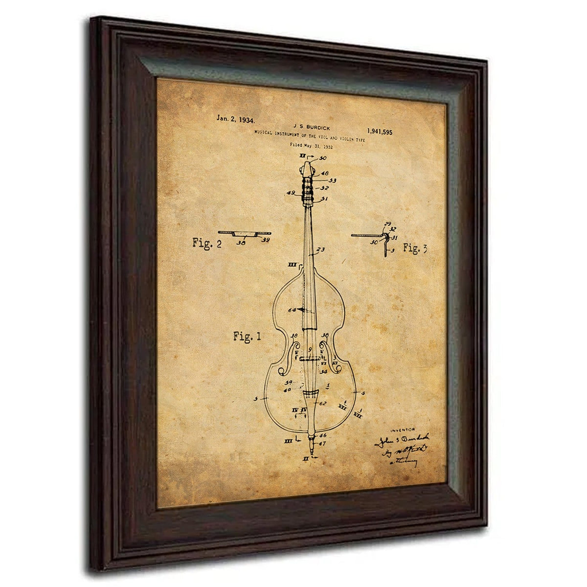 US Patent drawing for 1934 stand up bass string instrument