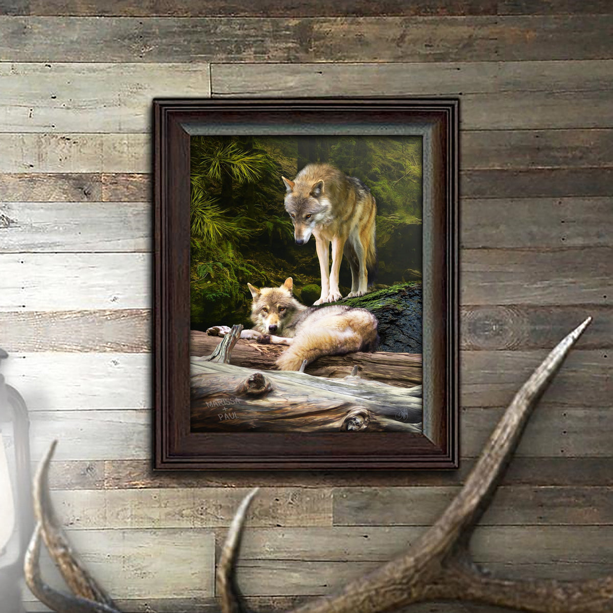 cabin decor of wolf wildlife in the wilderness with custom names on log- lifestyle