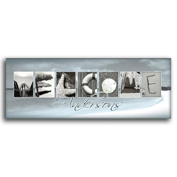 Personalized framed coastal art using beach-themed images to spell the word Welcome - Personal-Prints