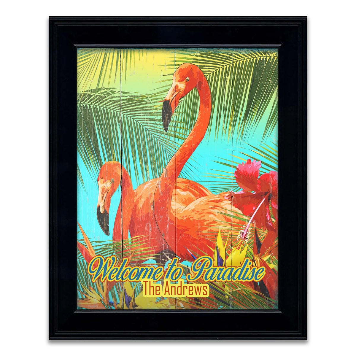 Personalized Art framed under glass - Paradise flamingos