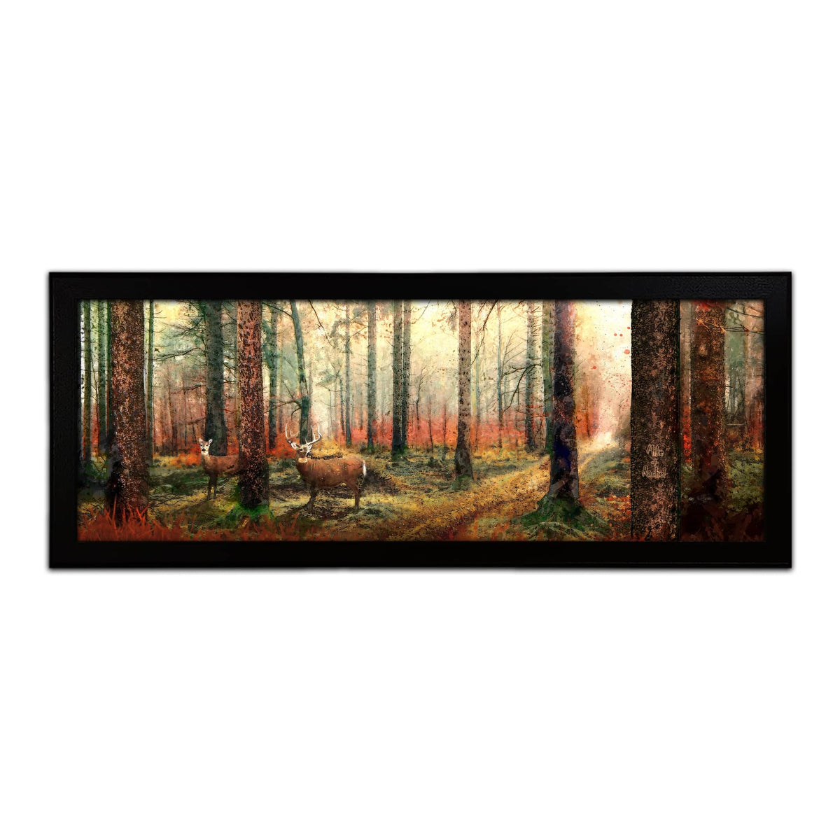 Framed Canvas Art Nature Decor with sun rays through trees and two deer from Personal Prints