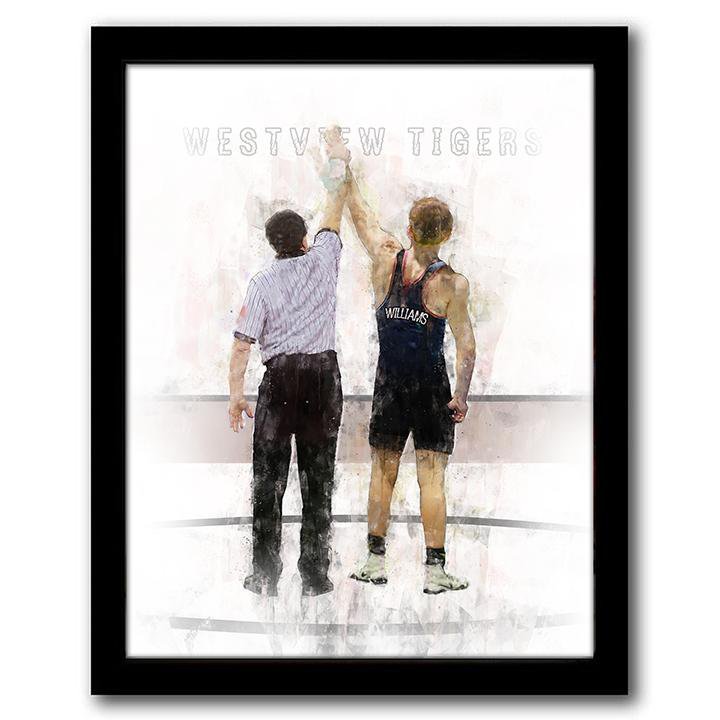 Mens Wrestling Art Print With Name of Highschool or College- Framed Canvas