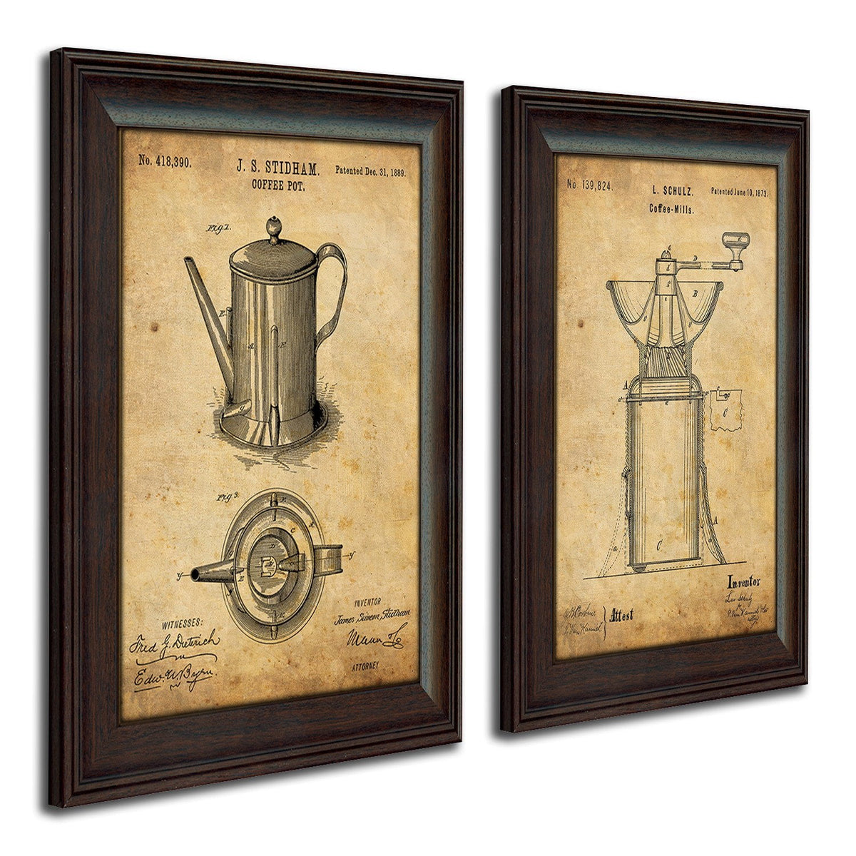 Personalized coffee art print featuring the original patent art of a coffee pot &amp; grinder - Personal-Prints