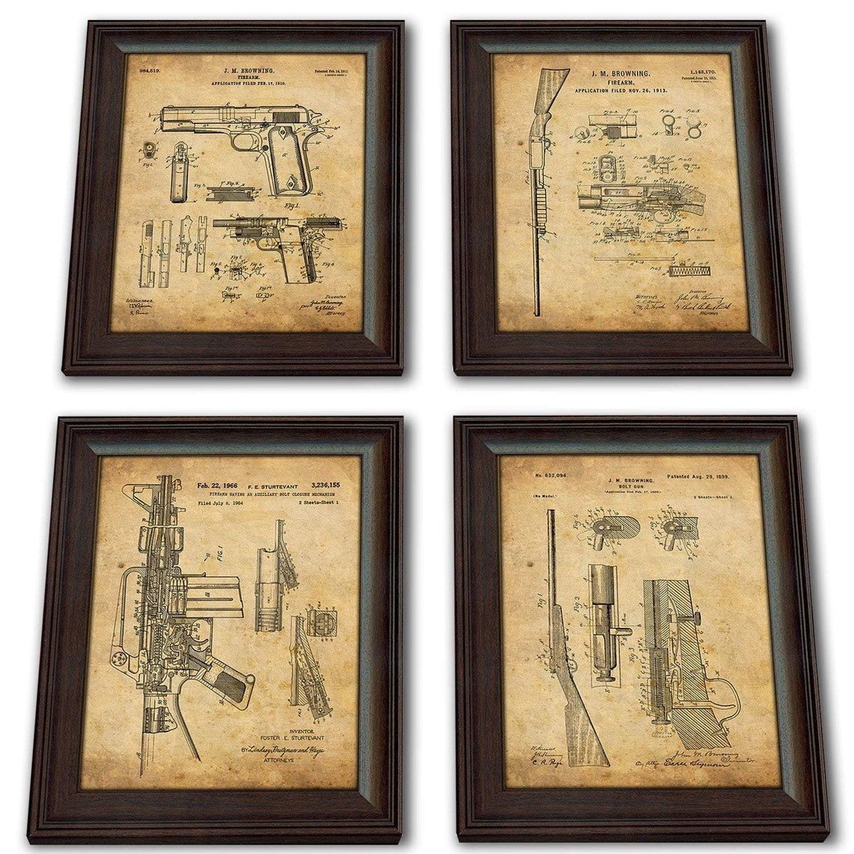 Set of 4 popular US gun patent prints. 1911, M16, shotgun and bolt gun set.