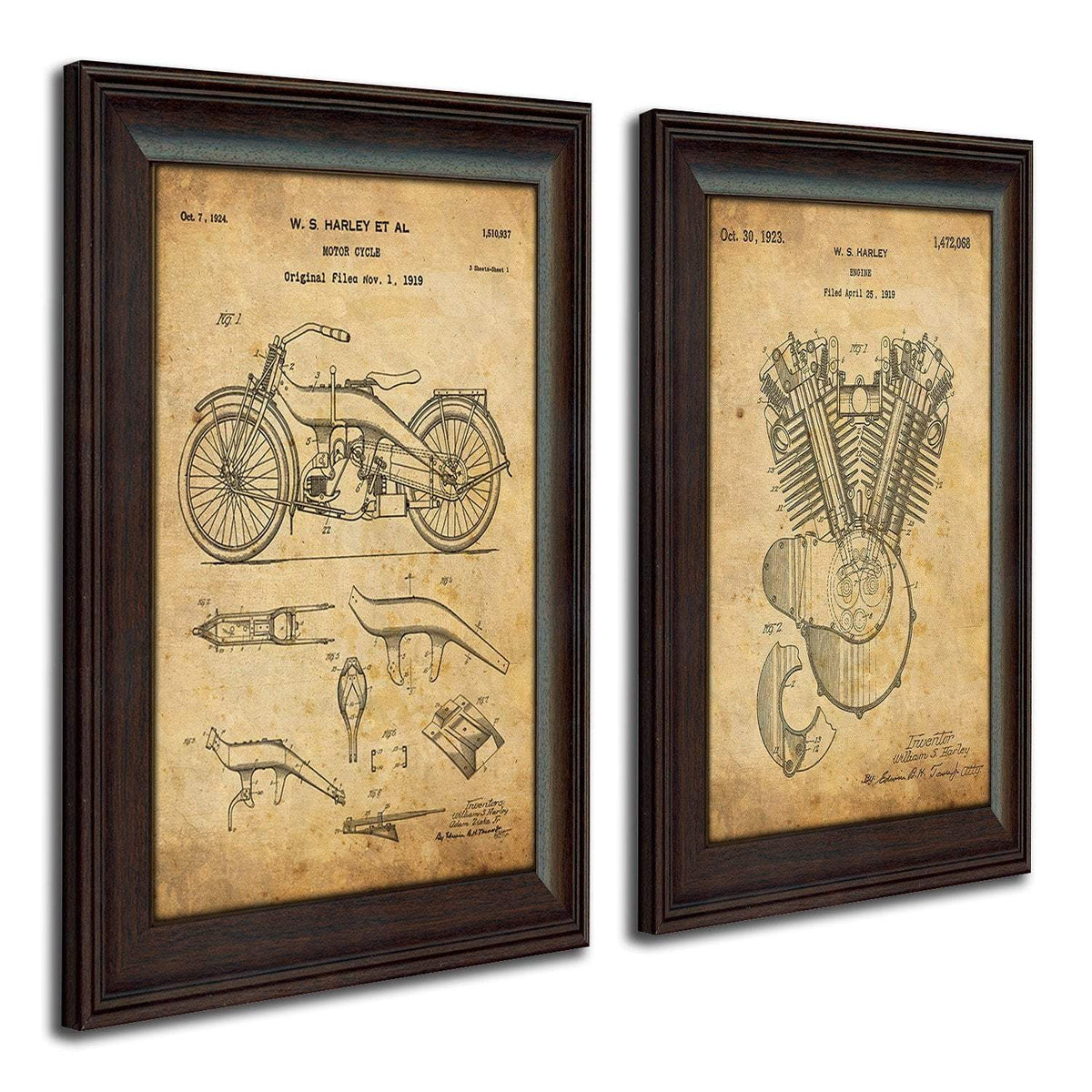 Original Harley Davidson motorcycle and engine US patent drawing art
