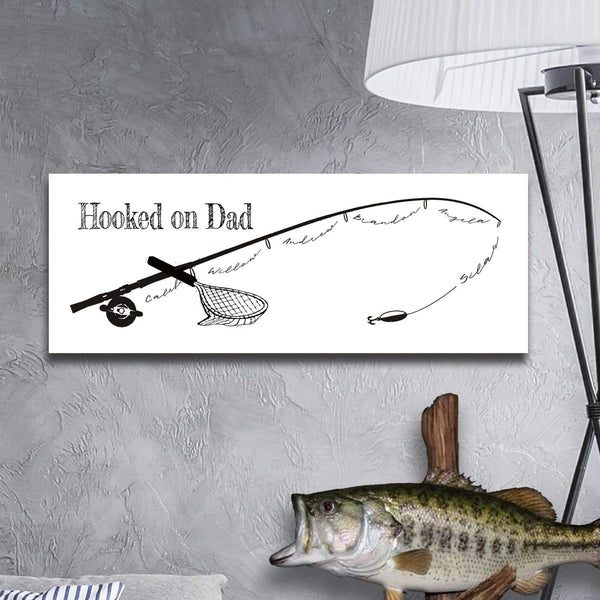 dad tball fishing pole Hooked on - B&W, Customized Art With Children's Names - Father's Day Gift Funny Fishing Reel Cool Dad