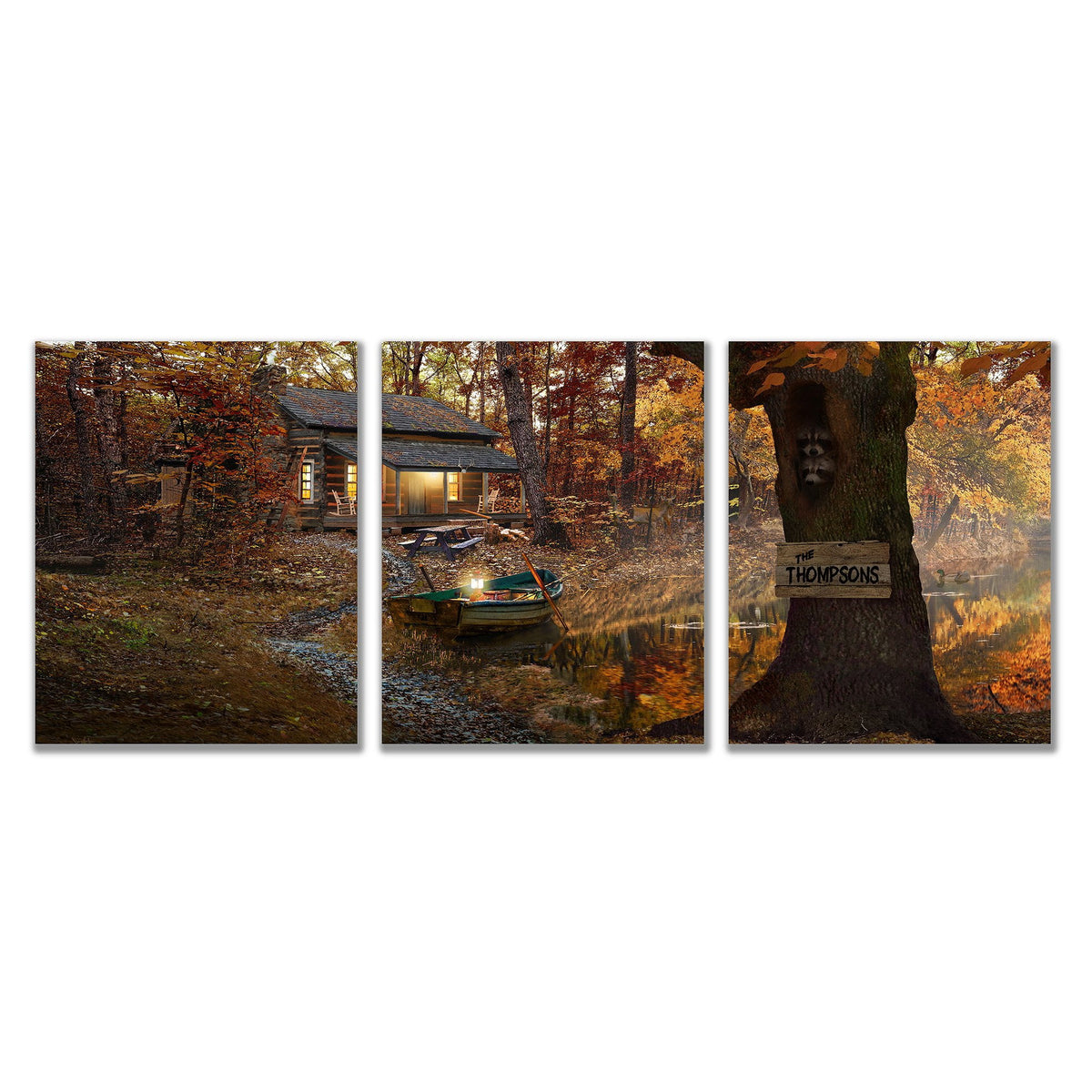 Personal-Prints art 11"x14" Triptych (3 feet wide display) Lakehouse - Personalized Autumn Print