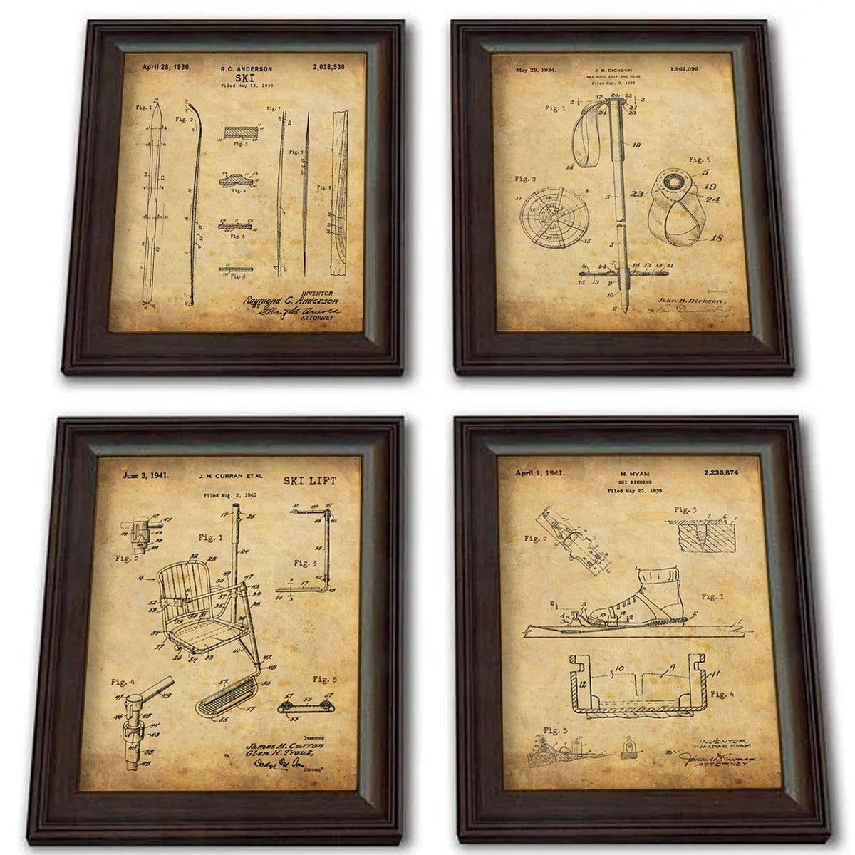 Personal-Prints art 4 Piece Set (Ski, Pole, Binding, Lift) Ski - Patent Art