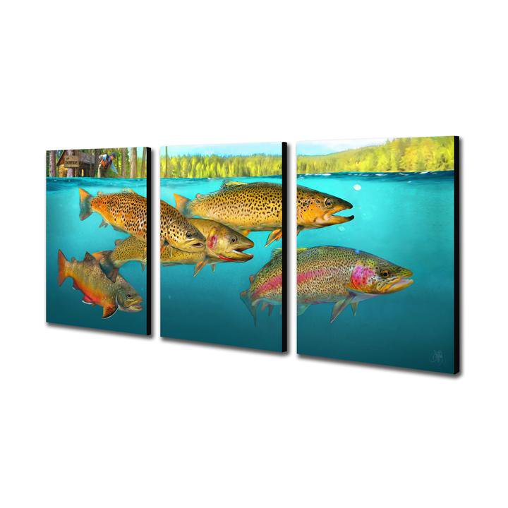 Personal-Prints art 11” x 14” Triptych (3’ wide display) Wild Trout - Personalized Art Gift