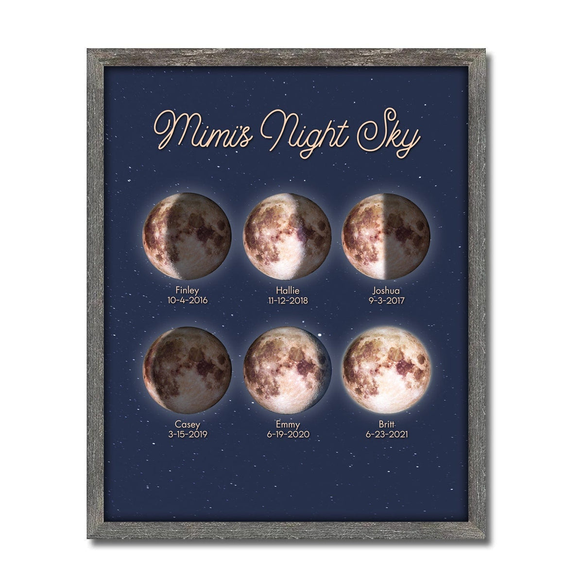 Framed Canvas finish for the mom and children night sky art, framed with a beautiful barnwood frame