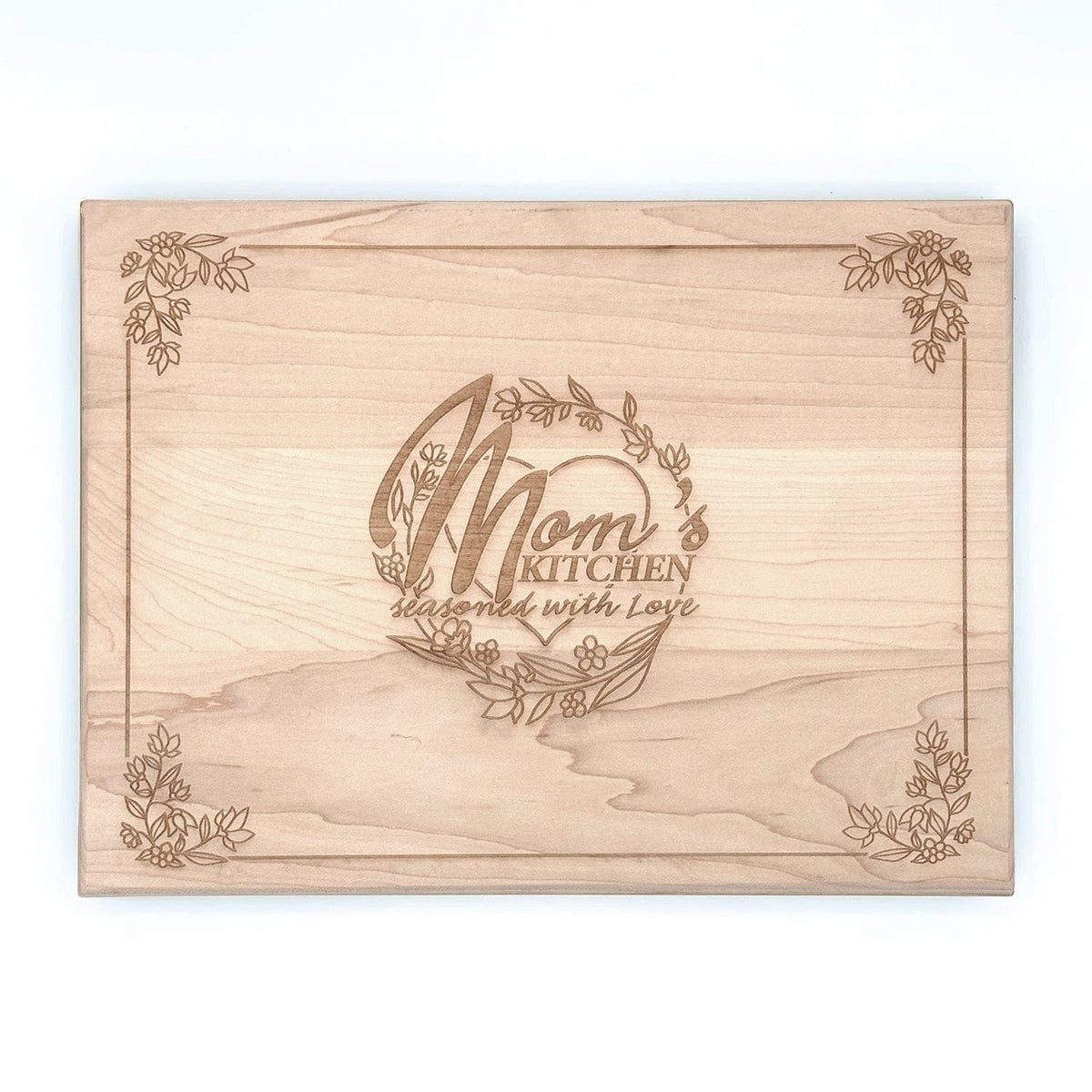 Front View of Mom&#39;s Kitchen Seasoned with love engraved cutting boards