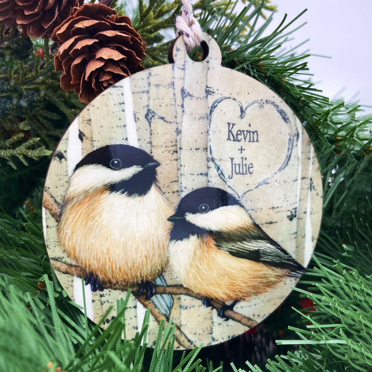 Chickadee Christmas Tree ornament with your custom names in the heart