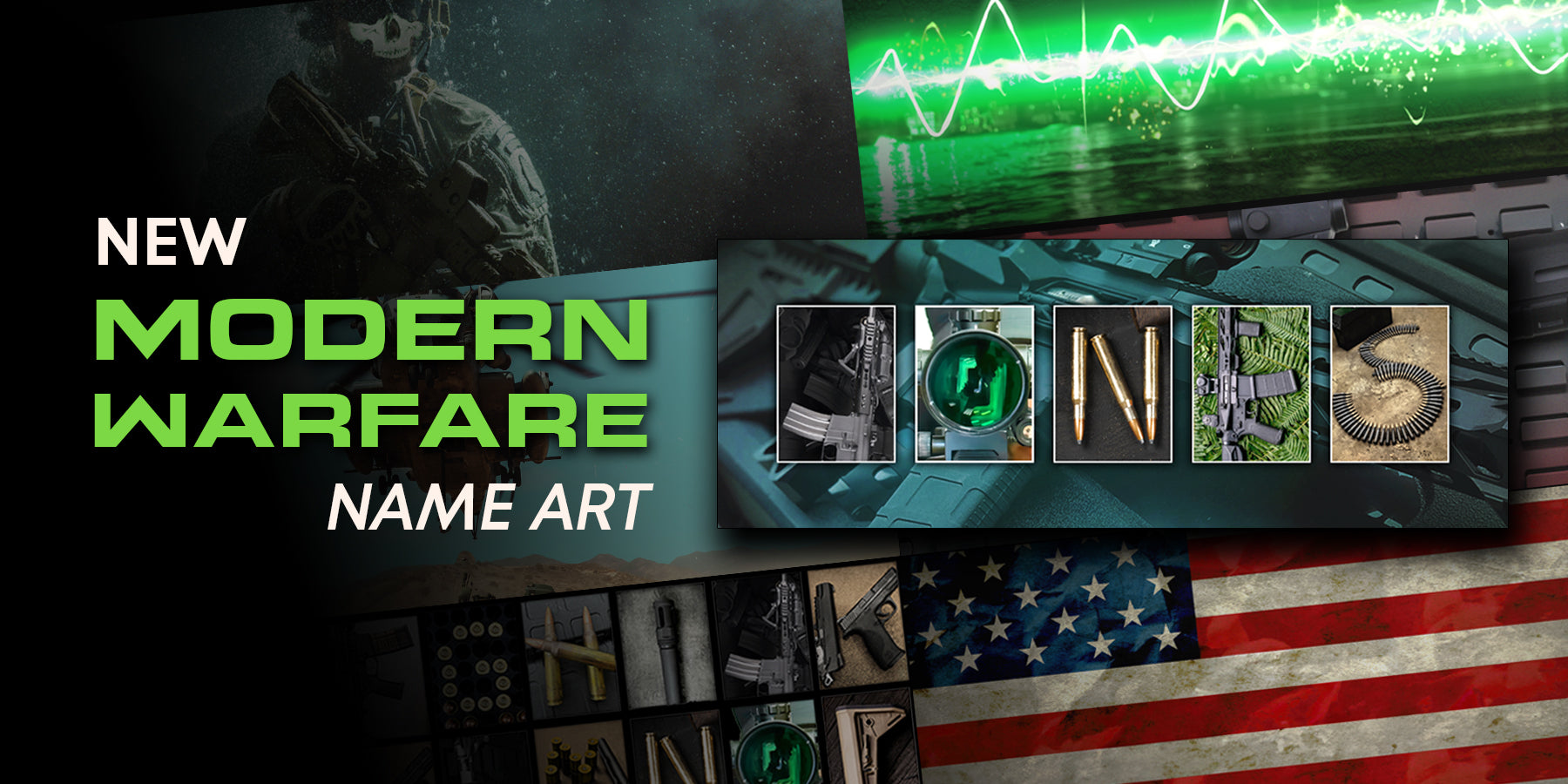 showcase of personalized modern warfare name art and various background options
