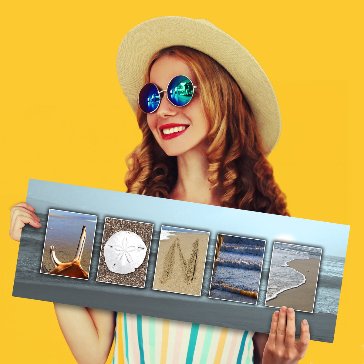 Woman in summer clothes holding coastal name art